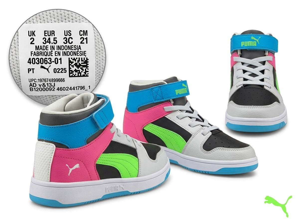 Tenis Puma Retro High-Top Kids – Multicolor Neón con Correa de Velcro