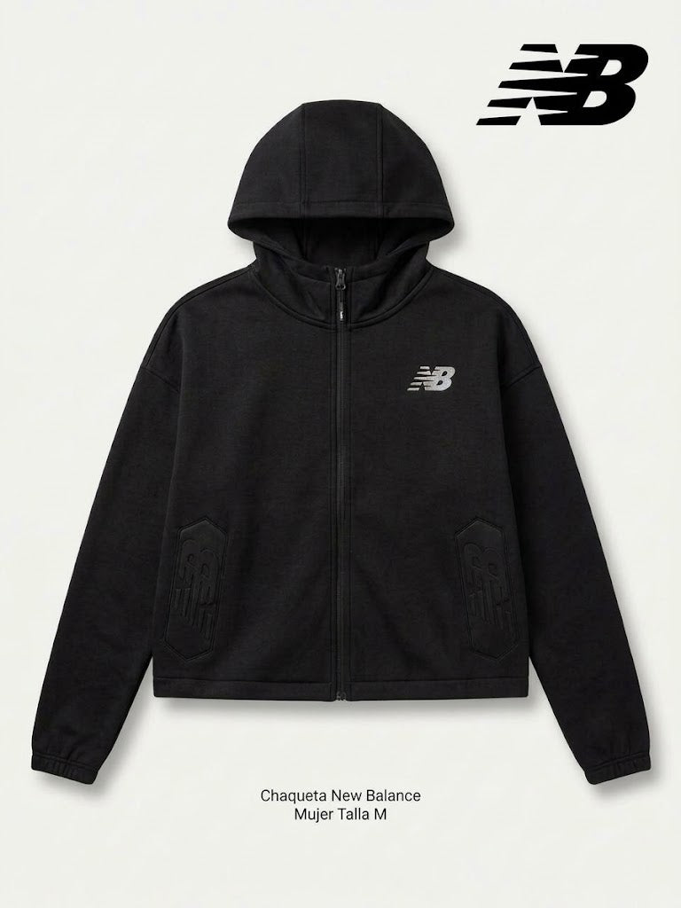 Chaqueta Deportiva New Balance con Capucha Full Zip – Mujer Negra (Talla M)