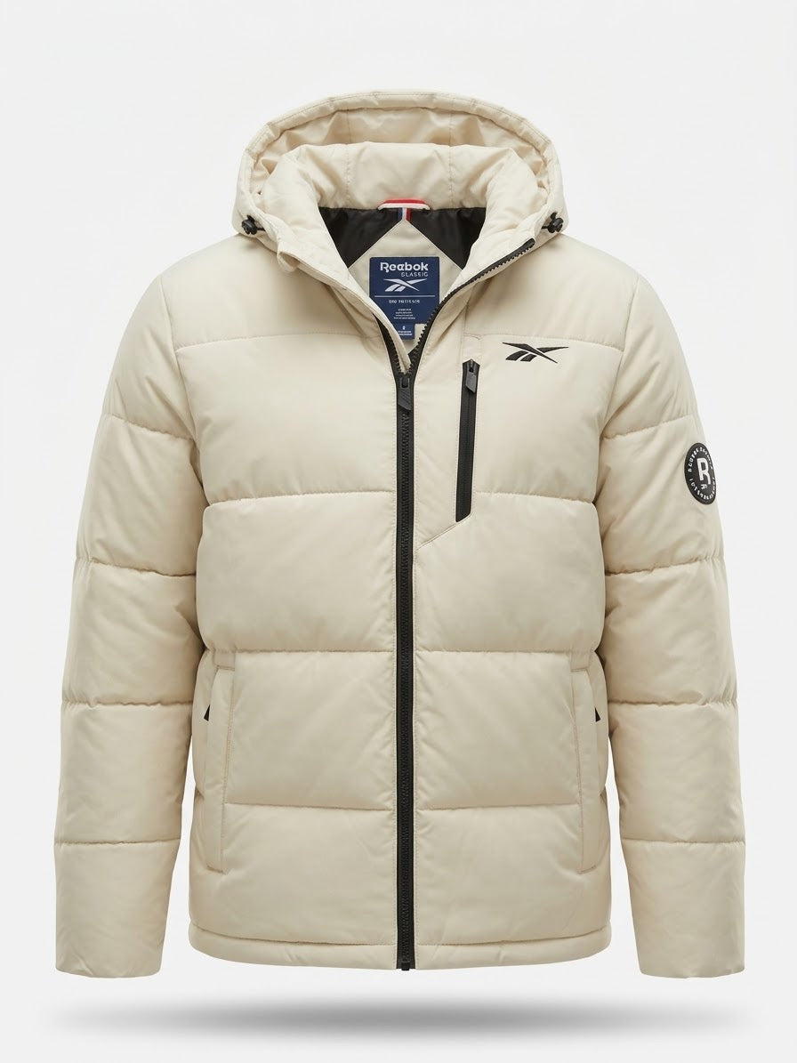 Chaqueta Acolchada Térmica Reebok Classic Hombre – Blanco Hueso con Capucha y Cremalleras Negras
