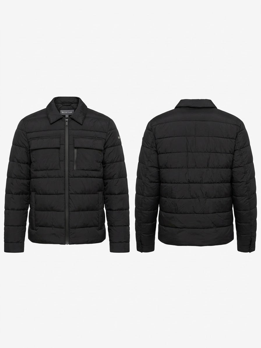Chaqueta Utilitaria Michael Kors Hombre – Acolchada Negra con Cuello Camisero