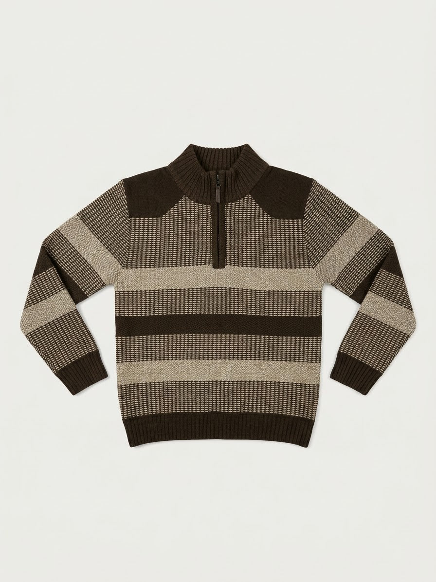 Suéter Tejido Day & Age para Niño – Cuello con Cremallera 1/4 Zip Rayas Café y Beige