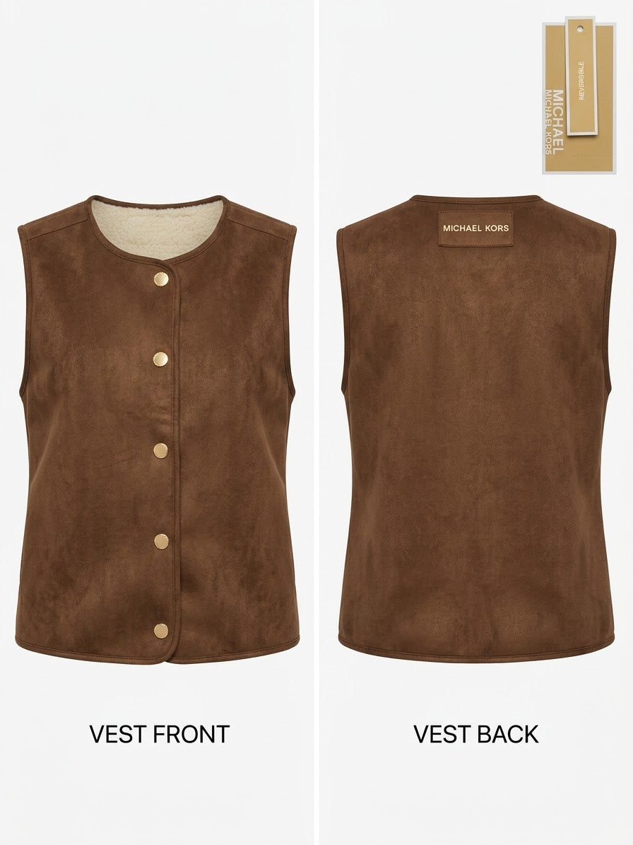 Chaleco Reversible Michael Kors Dama – Gamuza Coñac y Borrego Sherpa con Broches Dorados