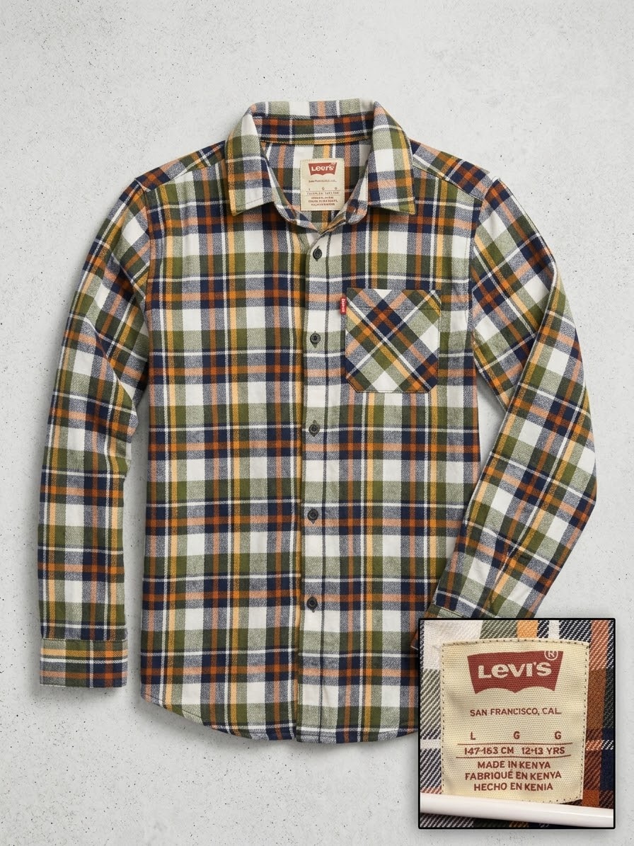 Camisa de Franela Levi's Boys – Manga Larga a Cuadros Verde y Mostaza (12-13 Años)