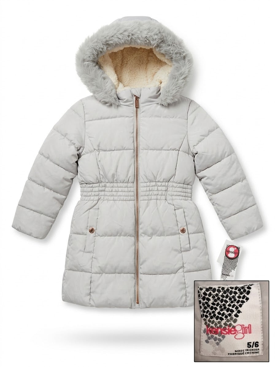 Chaqueta de Invierno Kensie Girl Niña – Gris Perla con Forro de Borrego y Capucha de Pelo (Talla 5/6)