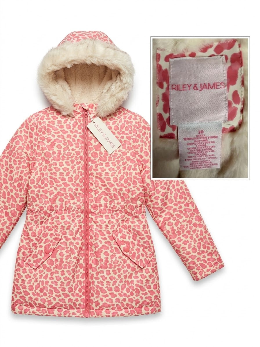Chaqueta de Invierno Riley & James Niña – Impermeable Rosa Animal Print con Capucha de Pelo (Talla 10)