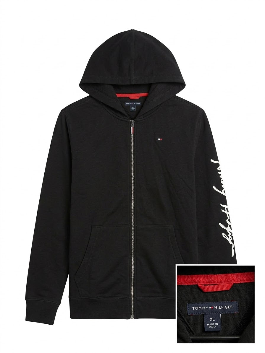 Buzo con Capucha y Cremallera Tommy Hilfiger Boys – Negro con Logo en Manga (Talla XL)- S/M Adulto