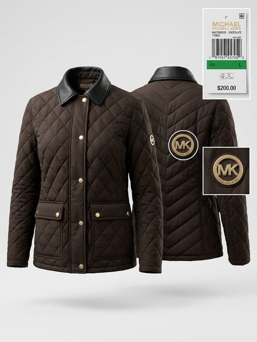 Chaqueta Michael Kors Acolchada Cuello Cuero – Dama Color Chocolate (Talla L)