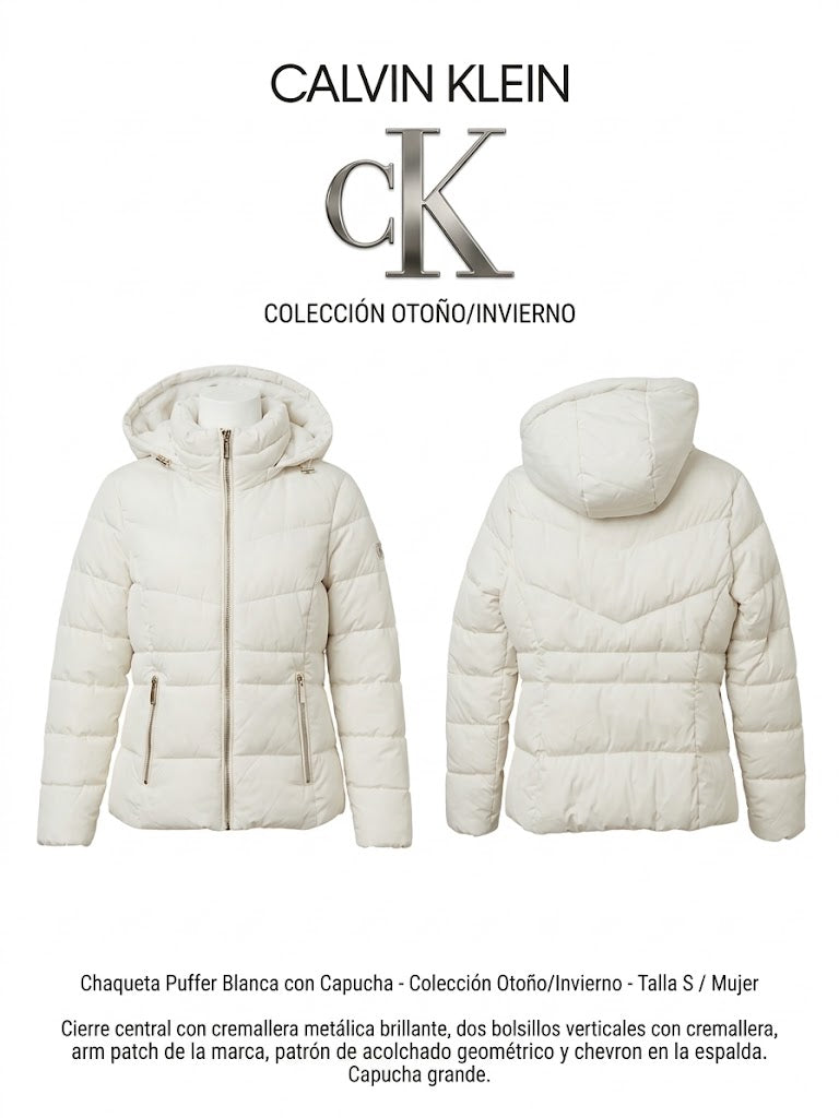 Chaqueta Puffer Calvin Klein con Capucha – Dama Blanca (Talla XS)